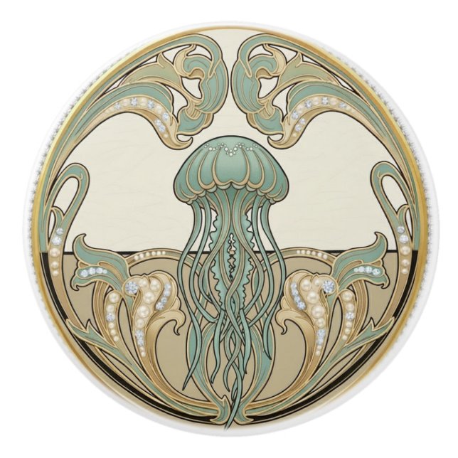 Jellyfish Green Cream & Gold Art Deco Nouveau Keramikknauf (Vorderseite)