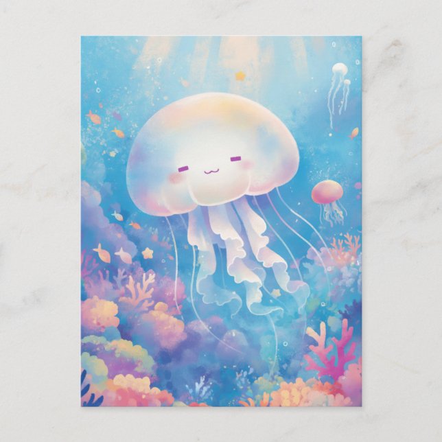 Jellyfish in Pastel Tropical Coral Reef and Ocean Postkarte (Vorderseite)