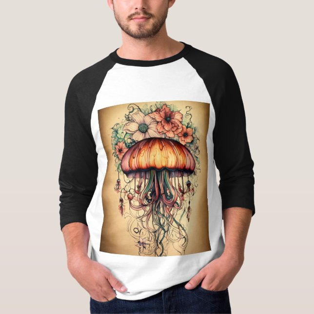 Jellyfish Tattoodesign mit floralen Elementen T-Shirt (Vorderseite)