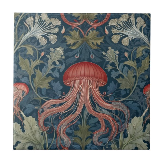 Jellyfish William Morris Stil Meer Botanischer Oze Fliese (Vorderseite)