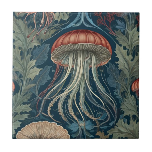 Jellyfish William Morris Stil Sea Ocean Life Fliese (Vorderseite)