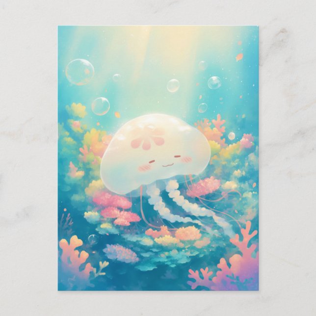 Jellyfish with Pink Flower in Tropical Coral Reef Postkarte (Vorderseite)