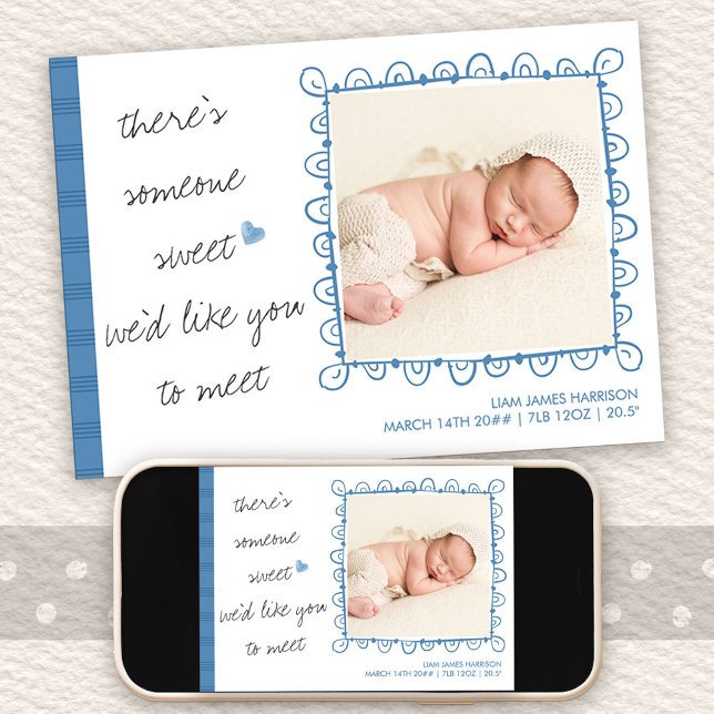 Jemand Sweet to Meet 2 Foto Baby Boy Birth Ankündigung (Framed photo birth announcement with handwritten wording)