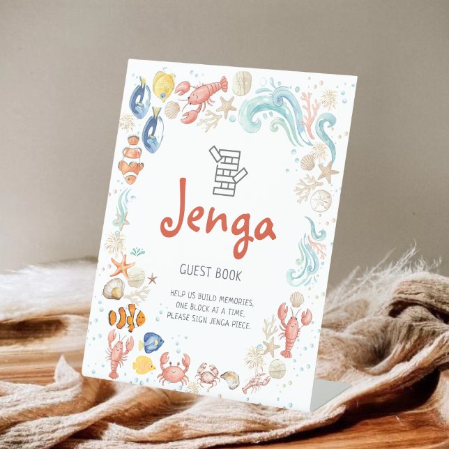 Jenga Guest Book Coastal Ocean Beach Bridal Shower Sockelschild (Von Creator hochgeladen)