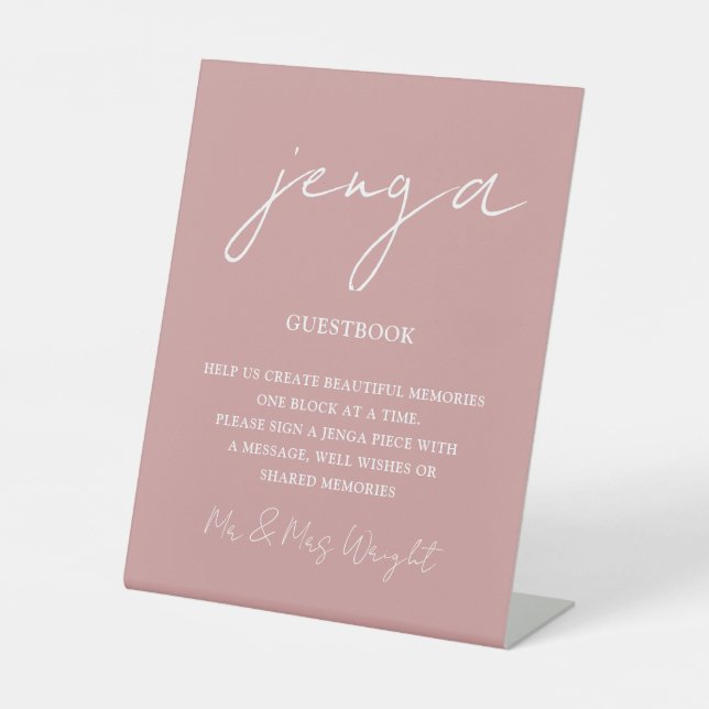 Jenga Guestbook Dusty Rose Minimalistisch Script Sockelschild (Vorderseite)