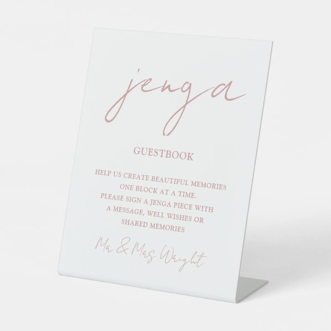 Jenga Guestbook Dusty Rose Minimalistisch Script Sockelschild (Vorderseite)