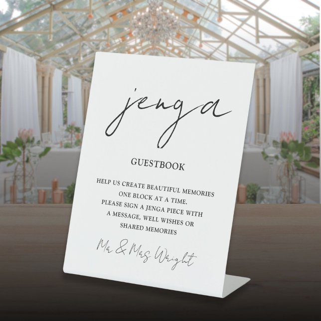 Jenga Guestbook Minimalistisches Skript Schwarzwei Sockelschild (Jenga Guestbook Minimalist Script Black And White Pedestal Sign)
