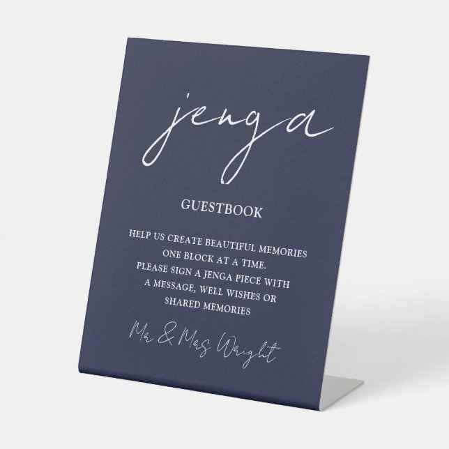 Jenga Guestbook Navy Minimalistisches Script Sockelschild (Vorderseite)