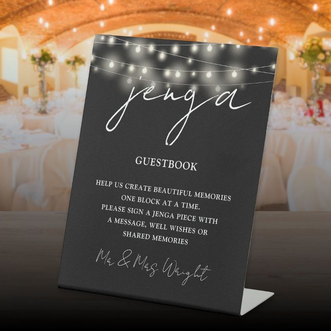 Jenga Guestbook Schwarz-Weiß-String-Lights Sockelschild (Jenga Guestbook Black And White String Lights Pedestal Sign)