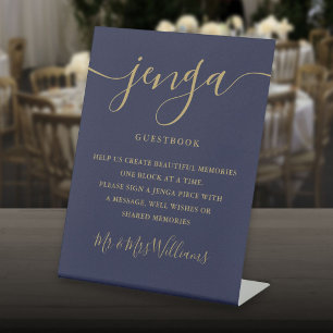 Jenga Hochzeitsgästebuch Schrift Navy Blau Und Gol Sockelschild