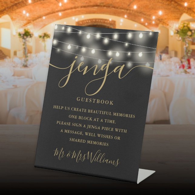 Jenga Wedding Guestbook String Lights Black Gold Sockelschild (Jenga Wedding Guestbook String Lights Black Gold Pedestal Sign)