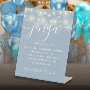 Jenga Wedding Guestbook String Lights Dusty Blue Sockelschild
