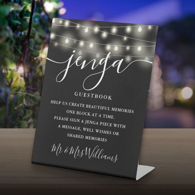 Jenga Wedding Guestbook String Lights Schwarz-weiß Sockelschild (Jenga Wedding Guestbook String Lights Black White Pedestal Sign)