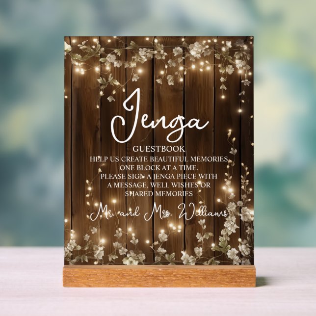Jenga Wedding Guestbook String Lights Wood Acrylschild (Neutral)