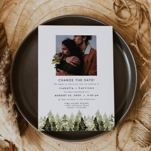 JENNA Rustic Pine Tree Wedding Reschedul Einladung (Von Creator hochgeladen)