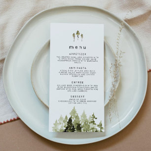 JENNA Rustic Watercolor Pine Tree Wedding Menu Dankeskarte