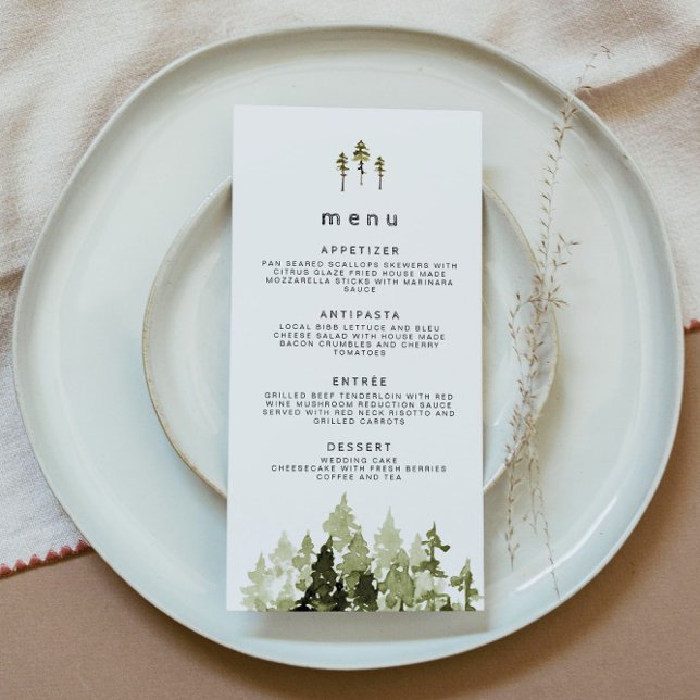 JENNA Rustic Watercolor Pine Tree Wedding Menu Dankeskarte (Von Creator hochgeladen)