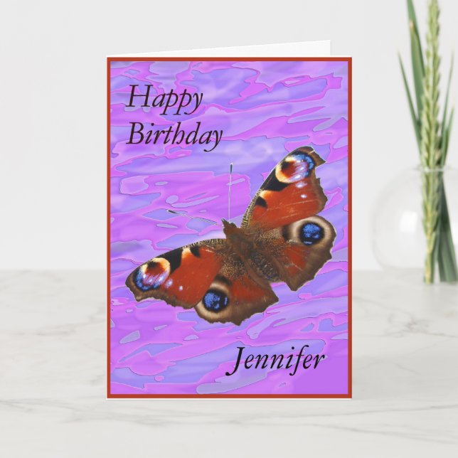 Jennifer Happy Birthday Peacock Butterfly card Karte (Vorderseite)