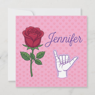 Jennifer Namensdesign mit roter Rose & Shaka-Hand Dankeskarte
