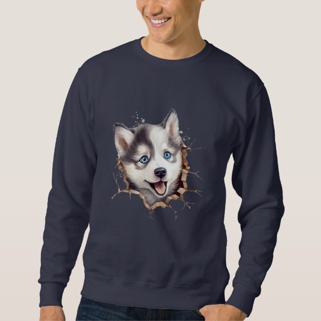 Jenseits der Barriere: Ein Husky-Welpe spielt Sweatshirt (Vorderseite)