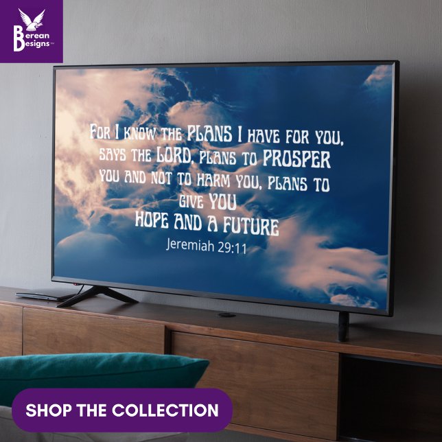 JEREMIAH 29:11 Christlich Frame Art TV Poster (Christian Jeremiah 29:11 Bible verse with heavenly clouds wall art for display TV)