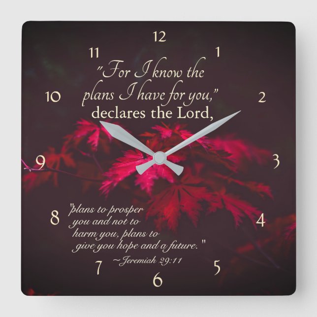 Jeremiah 29:11 Denn ich kenne die Pläne, die ich f Quadratische Wanduhr (Vorderseite)