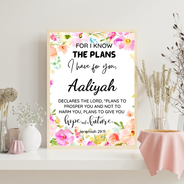 Jeremiah 29:11 Pink Floral Personalize Scripture Poster (Jeremiah 29:11 Personalized Bible Scripture Name)