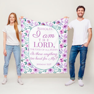 Jeremiah 32:27 Uhr mit lila Blumen Hintergrund Fleecedecke