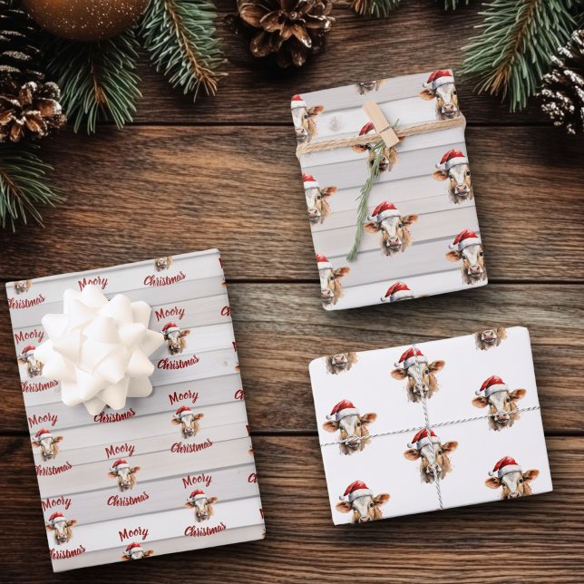 Jersey Cow, Barn Wood, "Moory Christmas" Geschenkpapier Set (Moory christmas jersey cow gift wrap)