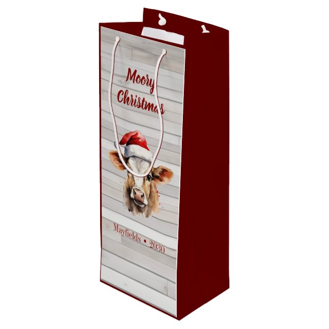 Jersey Cow, Barn Wood "Moory Christmas" Geschenktüte Für Weinflaschen (Rückseite Schrägansicht)