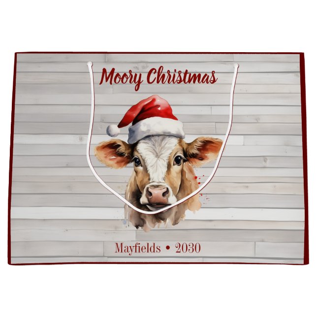 Jersey Cow Barn Wood "Moory Christmas" Große Geschenktüte (Vorderseite)