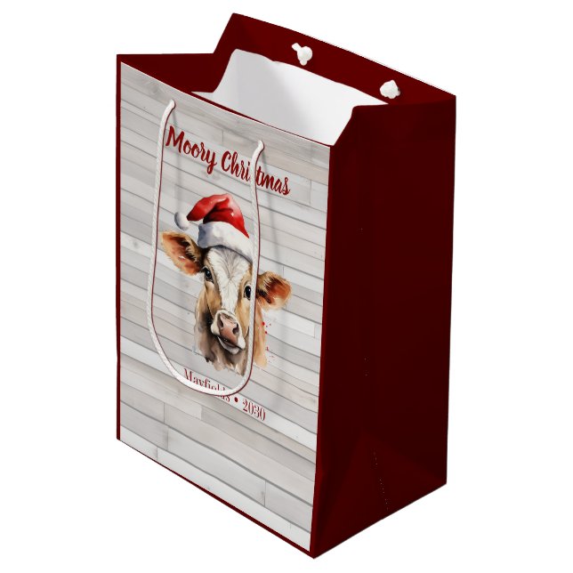 Jersey Cow Barn Wood "Moory Christmas" Mittlere Geschenktüte (Vorderseite Schrägansicht)