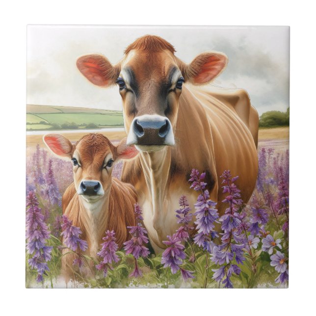 Jersey Kuh und Calf Wildblume Fliese (Vorderseite)