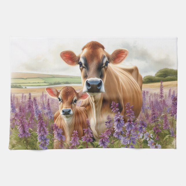 Jersey Kuh und Calf Wildblume Geschirrtuch (Horizontal)