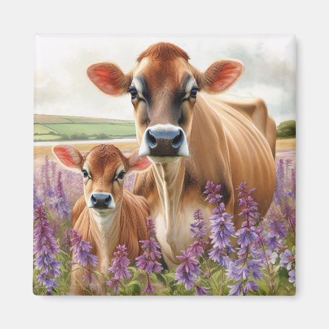 Jersey Kuh und Calf Wildblume Magnet (Vorne)
