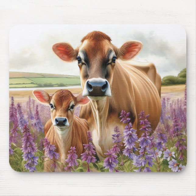 Jersey Kuh und Calf Wildblume Mousepad (Vorne)