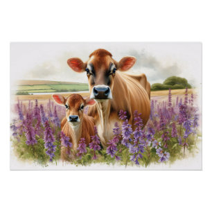 Jersey Kuh und Calf Wildblume Poster