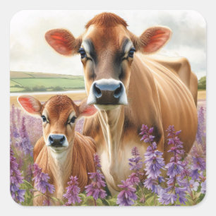 Jersey Kuh und Calf Wildblume Quadratischer Aufkleber