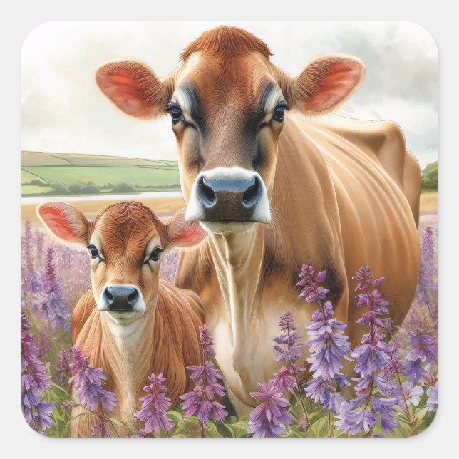Jersey Kuh und Calf Wildblume Quadratischer Aufkleber (Vorderseite)