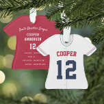 Jersey Player Stats: Marine, Red & White Baseball Ornament<br><div class="desc">Erinnern Sie sich an eine phantastische Saison für Ihren Lieblings-Baseball-Spieler mit diesem coolen individuellen Ornament in einer marineblauen, roten und weißen Farbgebung. Personalisieren Sie die Vorderseite mit dem Namen und der Nummer des Spielers, und fügen Sie weitere Details auf die Rückseite hinzu, einschließlich der Mannschaft oder Liga Name, Saison, Alter,...</div>