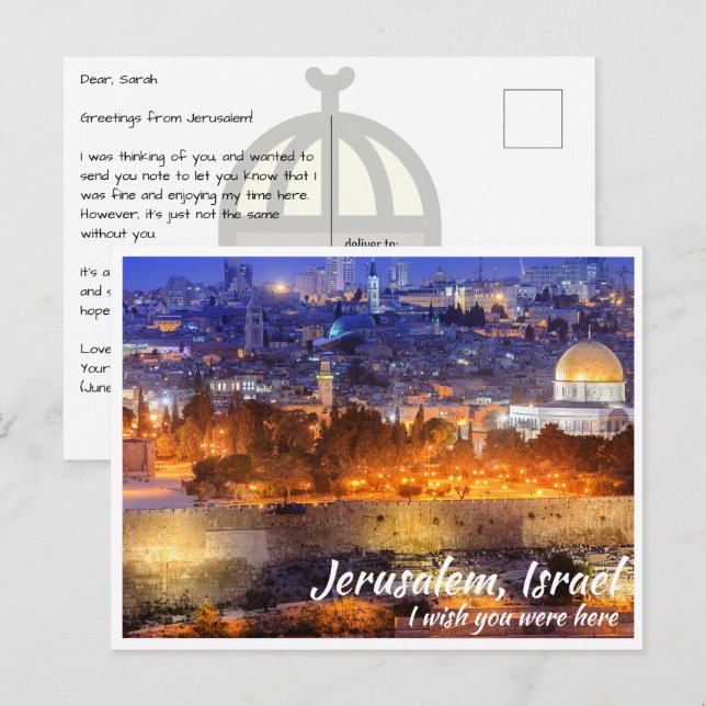 Jerusalem Israel mit Kuppel des Felsens bei Nacht Postkarte (Vorne/Hinten)