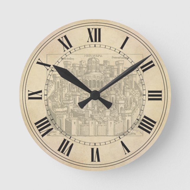 Jerusalem, mittelalterlicher Holzschnitt Runde Wanduhr (Vorderseite)