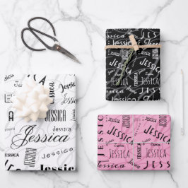 Jessica Custom Name Pink Black White Geschenkpapier Set