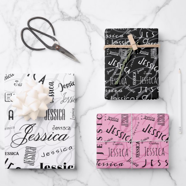 Jessica Custom Name Pink Black White Geschenkpapier Set (Vorderseite)