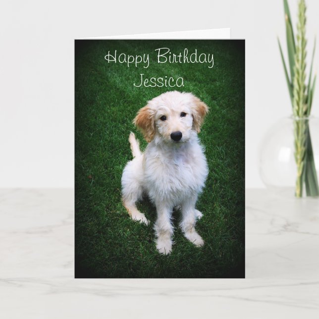 Jessica Happy Birthday Golden Doodle Welpe Karte (Vorderseite)
