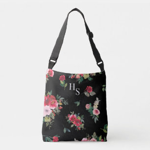 Jessica Watercolor Mit Monogramm Blüte Schwarz Tragetaschen Mit Langen Trägern