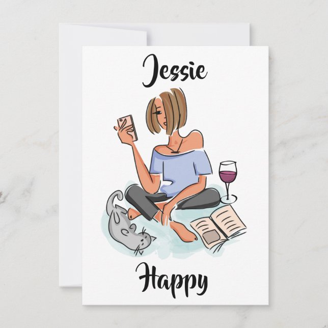 Jessie Happy with Cell, Wine and Cat Card Einladung (Vorderseite)