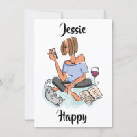 Jessie Happy with Cell, Wine and Cat Card