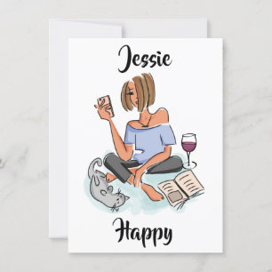 Jessie Happy with Cell, Wine and Cat Card Einladung