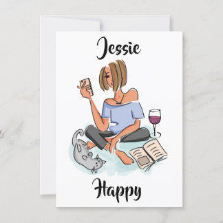 Jessie Happy with Cell, Wine and Cat Card Einladung